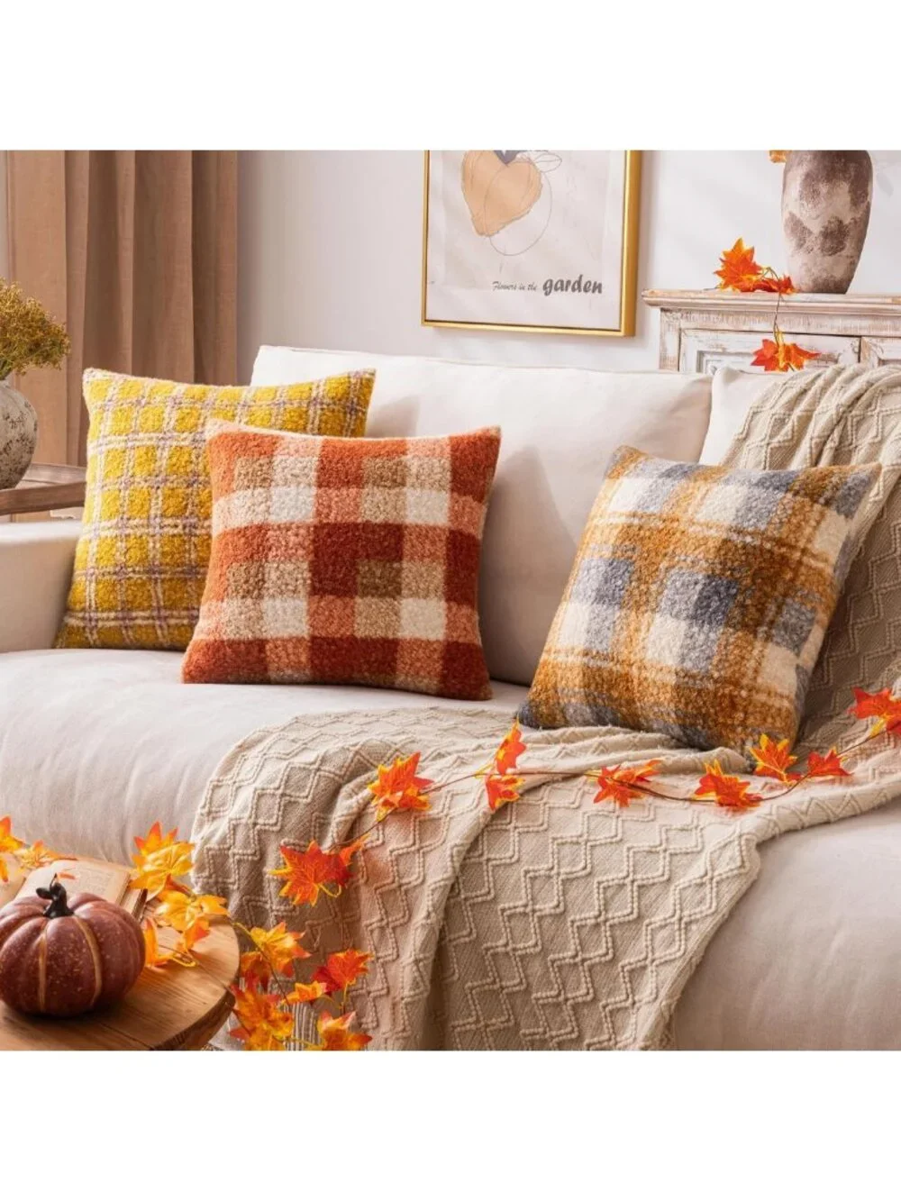 Cozy Orange Plaid Throw Pillow Covers - Set of 2, 26x26 Inch for Fall Decor